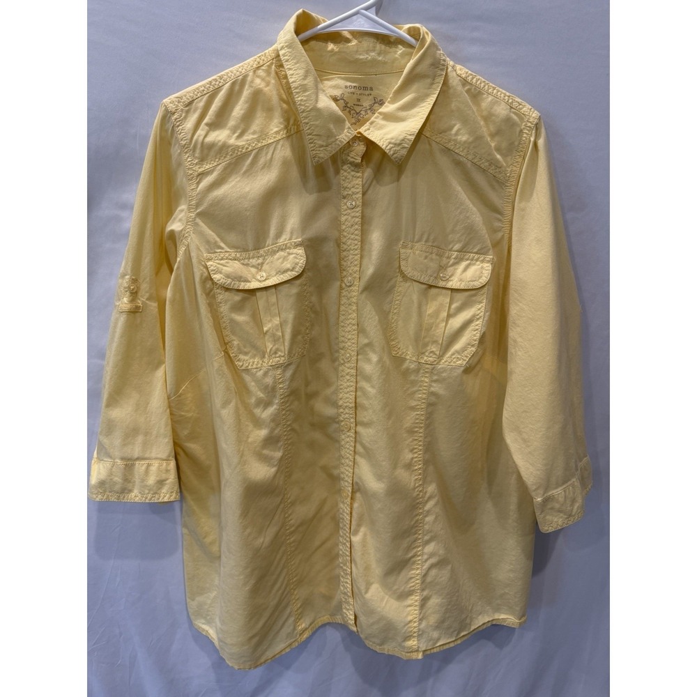Sonoma Goods For Life Women's 1X Yellow Cotton Utility Shirt Roll Tab Sleeve